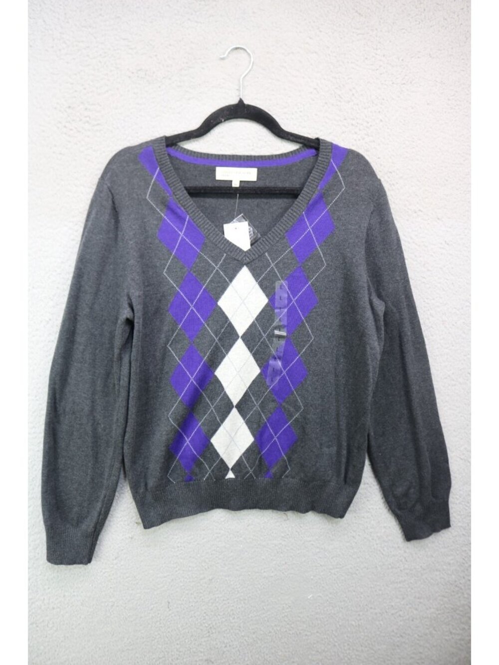 Jones New York Sport Argyle Diamond Gray/Purple Sweater-Large-NWT-Preppy-Office